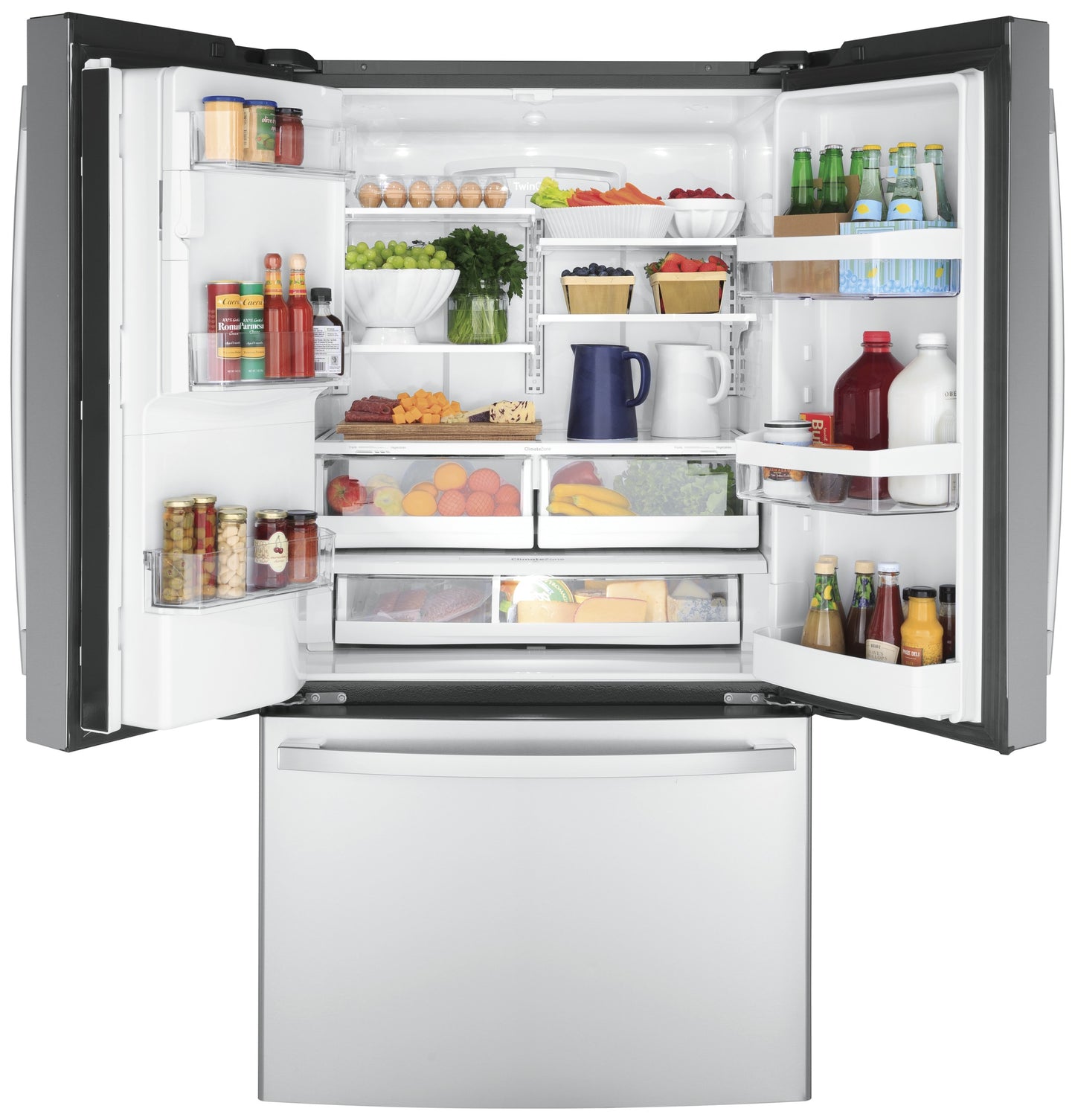 Open fingerprint resistant French-door refrigerator with organized fresh food and beverages in kitchen appliances collection