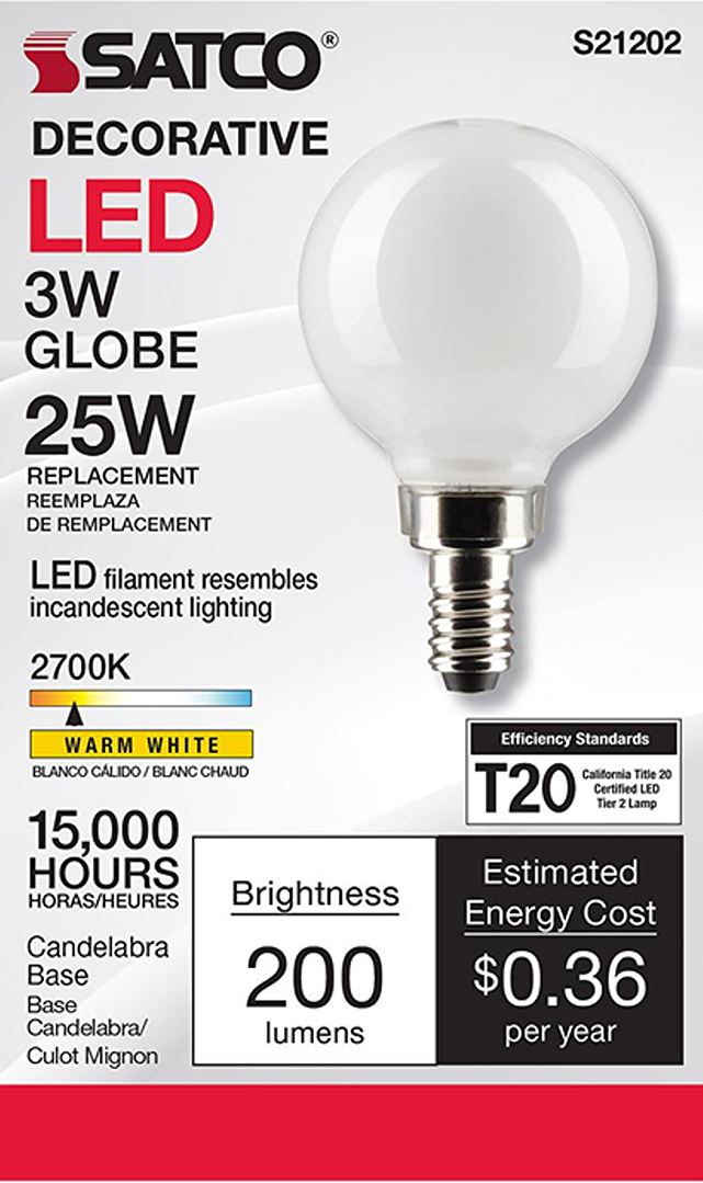 Satco decorative LED globe bulb with candelabra base, warm white light, 200 lumens, energy-efficient lighting solution