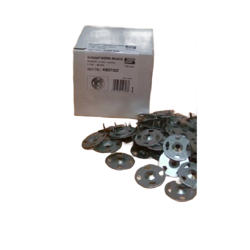 Box of galvanized steel washers with sharp spikes scattered on an orange surface for tools and home improvement use