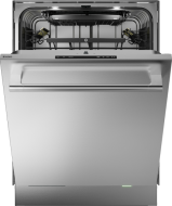Stainless steel dishwasher with open door showing interior racks and status indicator light in kitchen appliances collection