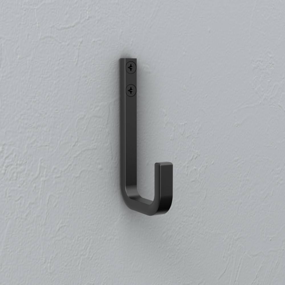 Matte black zinc hook with minimalist modern design for storage and organization in garage and dorm spaces under $50