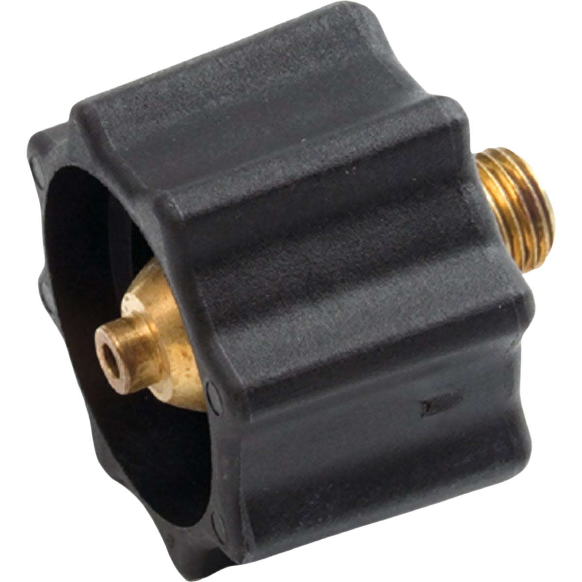 Black plastic propane grill fitting with brass male pipe thread for outdoor grilling accessories and lawn use
