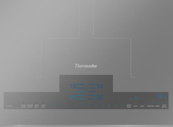Titanium gray induction cooktop control panel with blue digital display, part of Thermador induction cooktops collection