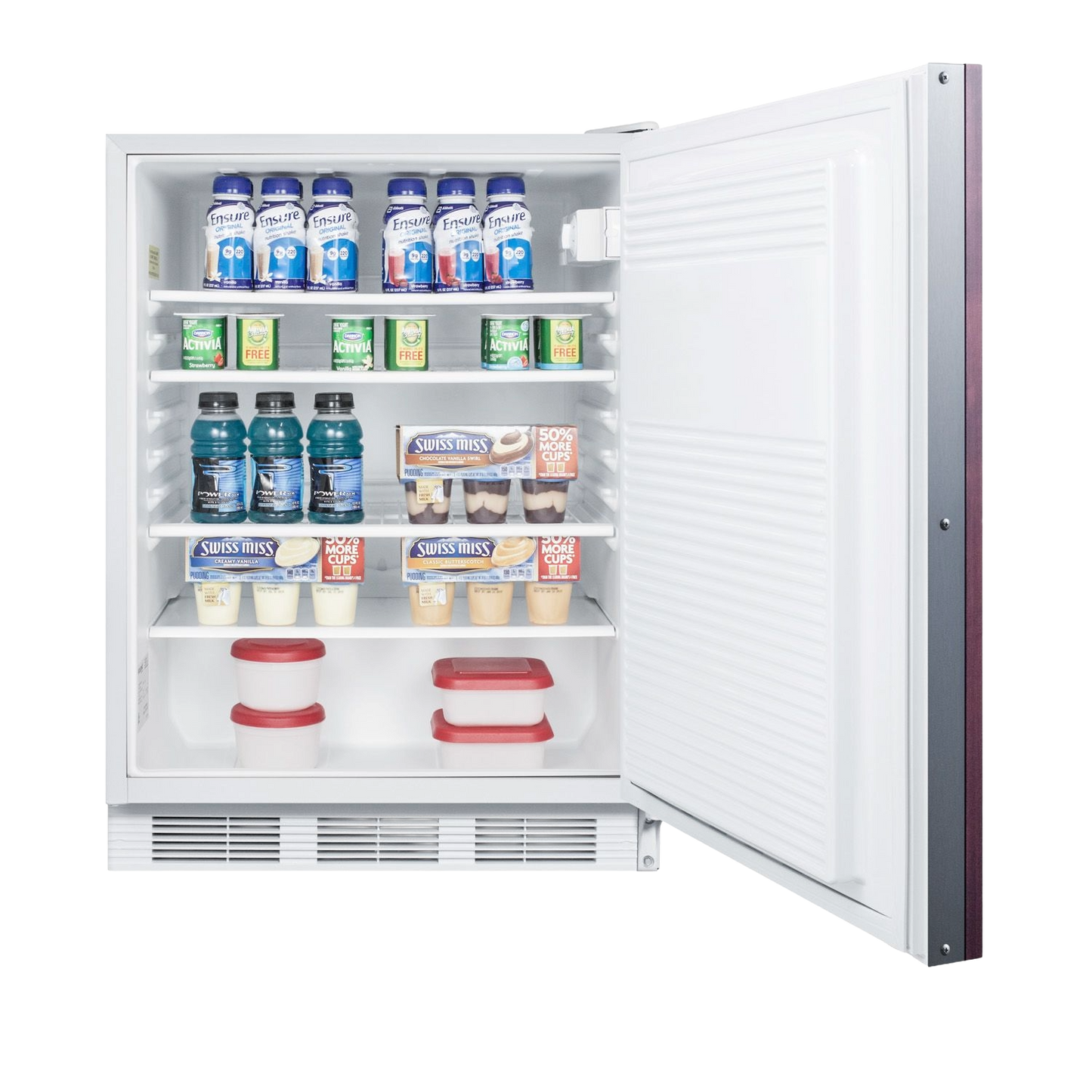 Open built-in undercounter white refrigerator stocked with beverages and food containers in kitchen appliance setting