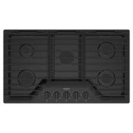 Black 36-inch gas cooktop with five burners, hinged cast-iron grates, and control knobs for kitchen appliances collection