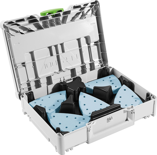 Open gray and black Systainer case with organized blue abrasive sheets for sanding tools and power tool accessories