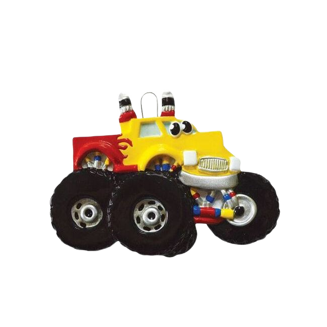 Yellow and red monster truck figurine with expressive eyes in Christmas Ornaments & Tree Decorations collection