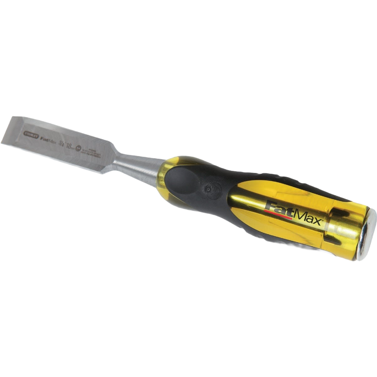 Wood chisel with black and yellow ergonomic handle for woodworking and home improvement projects