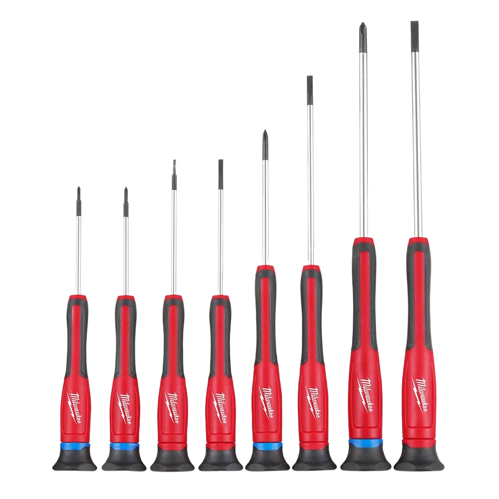 Set of eight red-handled precision screwdrivers with black and blue accents for detailed home improvement tasks