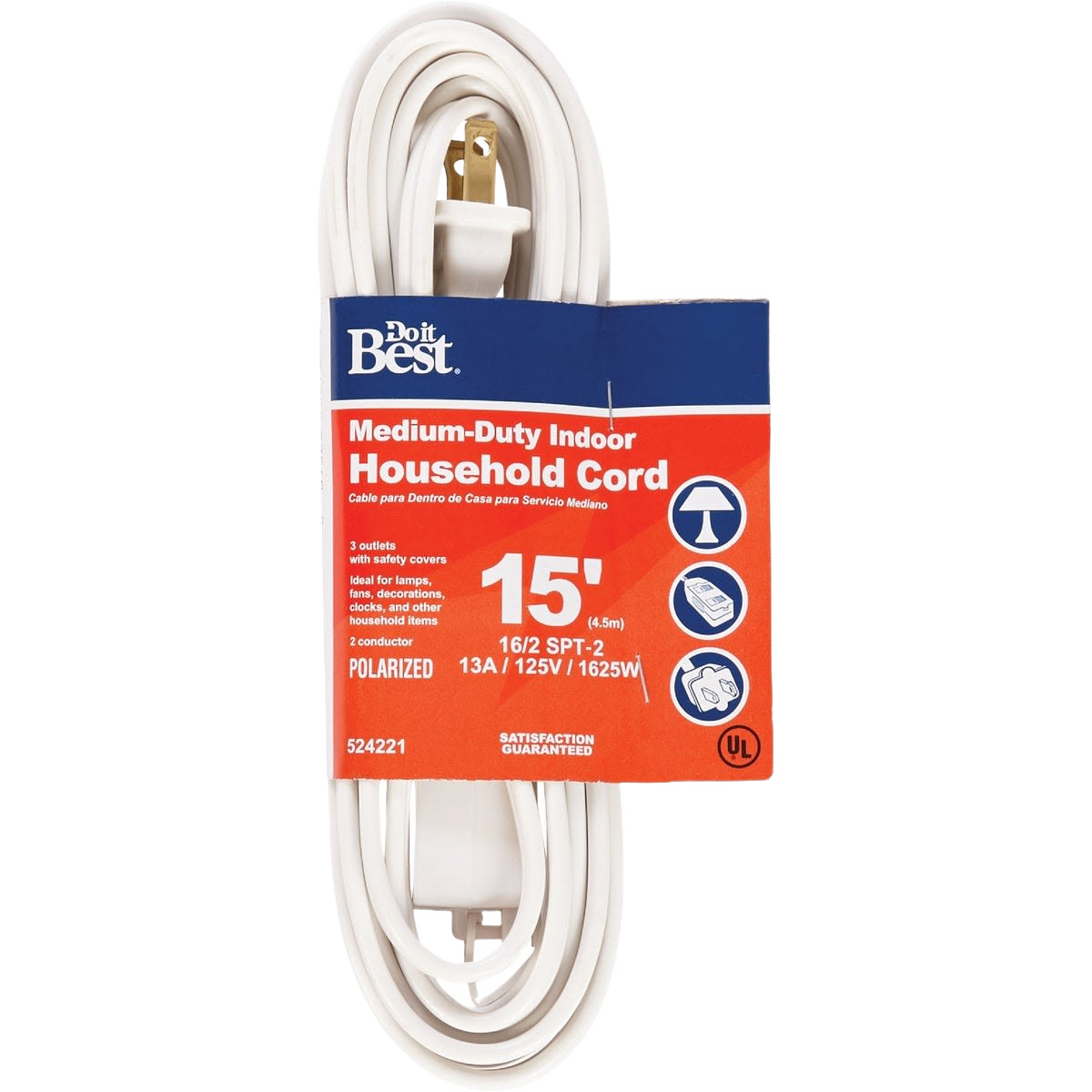 White medium-duty indoor extension cord with three outlets and polarized plug for home improvement use