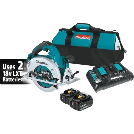 Cordless circular saw kit with two 18V batteries, charger, and carrying bag for home improvement tasks