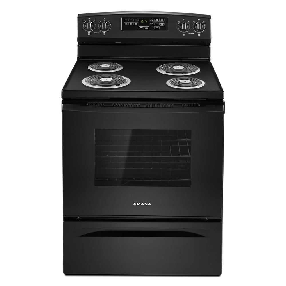 Front view of black 30-inch electric range with coil burners and digital control panel in electric ranges collection