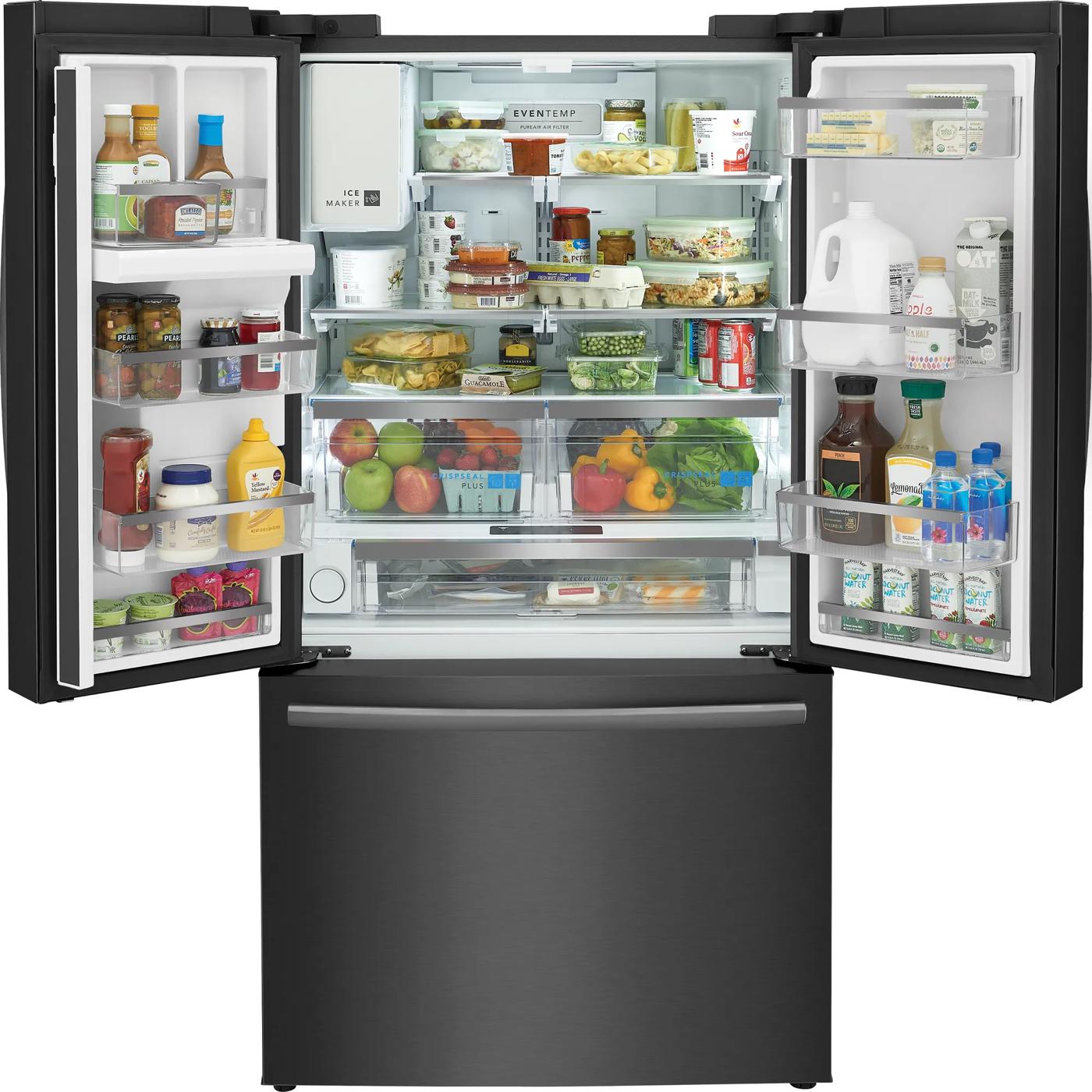 Open black stainless steel French door refrigerator with organized fresh and frozen food in kitchen appliance collection