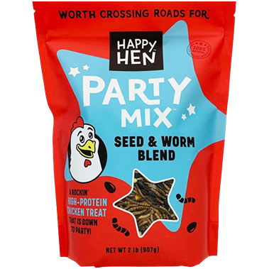 Red and blue packaging of Happy Hen Party Mix seed and worm chicken treat with cartoon hen and star window showing contents
