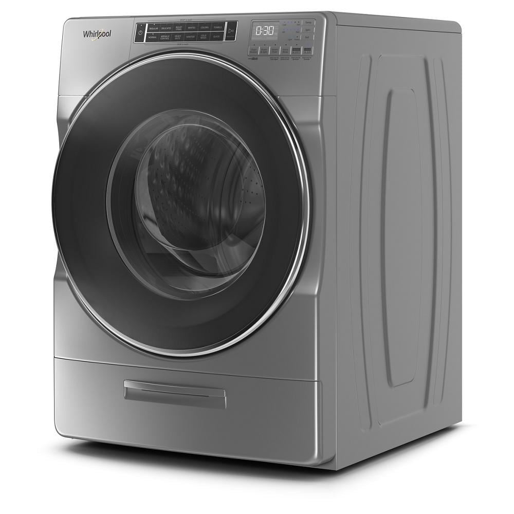 Gray Whirlpool front load washer with large transparent door and digital control panel in appliances collection