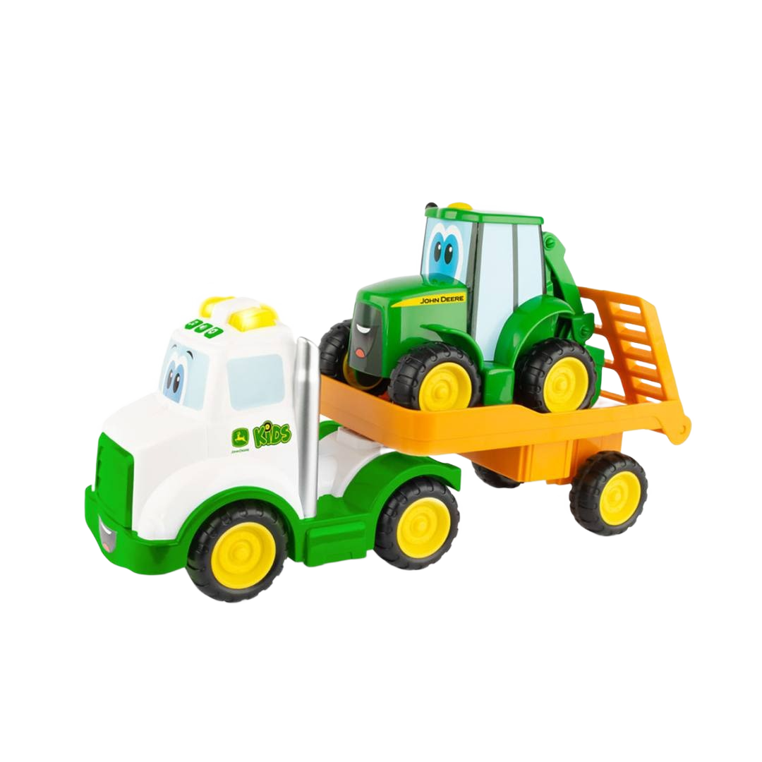 Toy hauling truck in white and green carrying a green tractor on an orange flatbed trailer for children's play