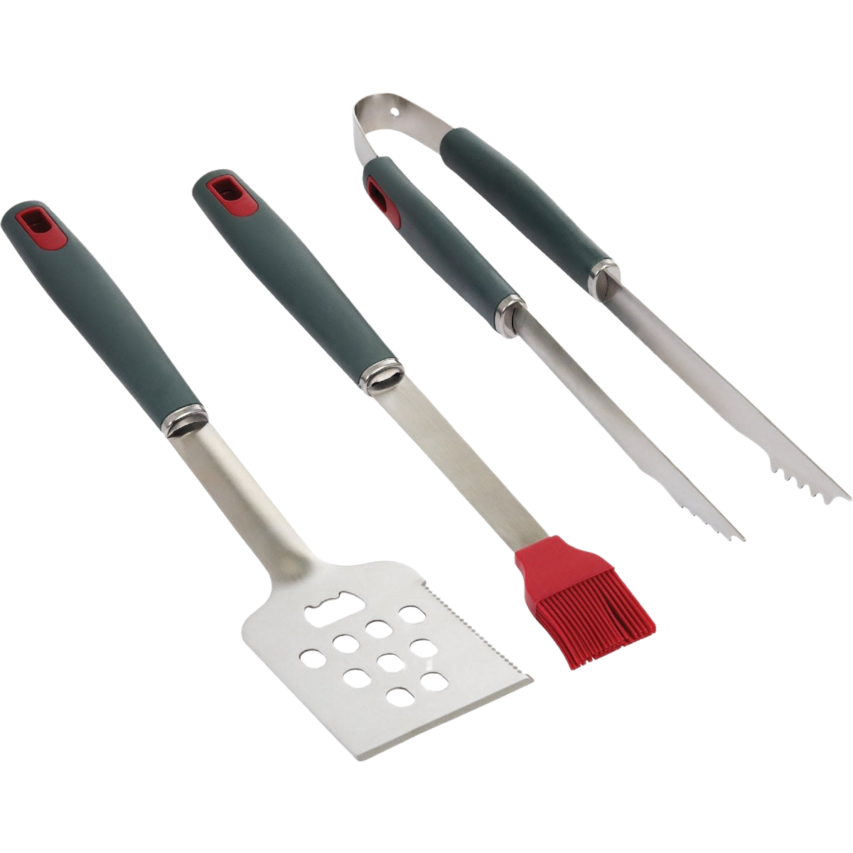Three-piece stainless steel BBQ tool set with resin handles including spatula, tongs, and silicone basting brush in grilling tools collection