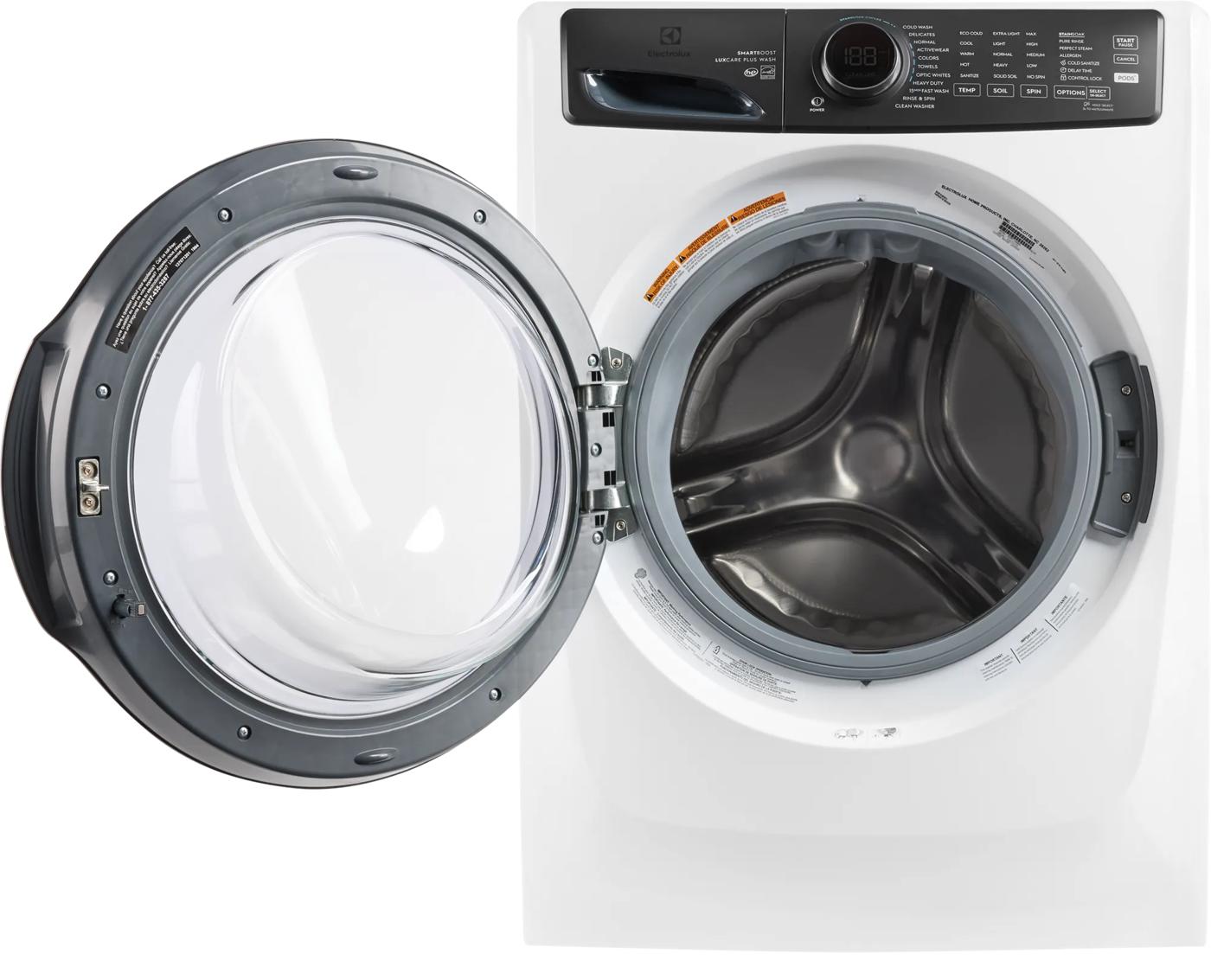White front load washer with open door showing stainless steel drum and digital control panel in washers and appliances collections