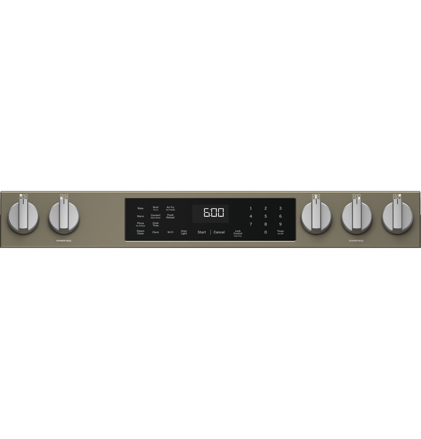 Control panel of GE slide-in gas range with digital display, touch buttons, and six silver control knobs in kitchen appliance setting
