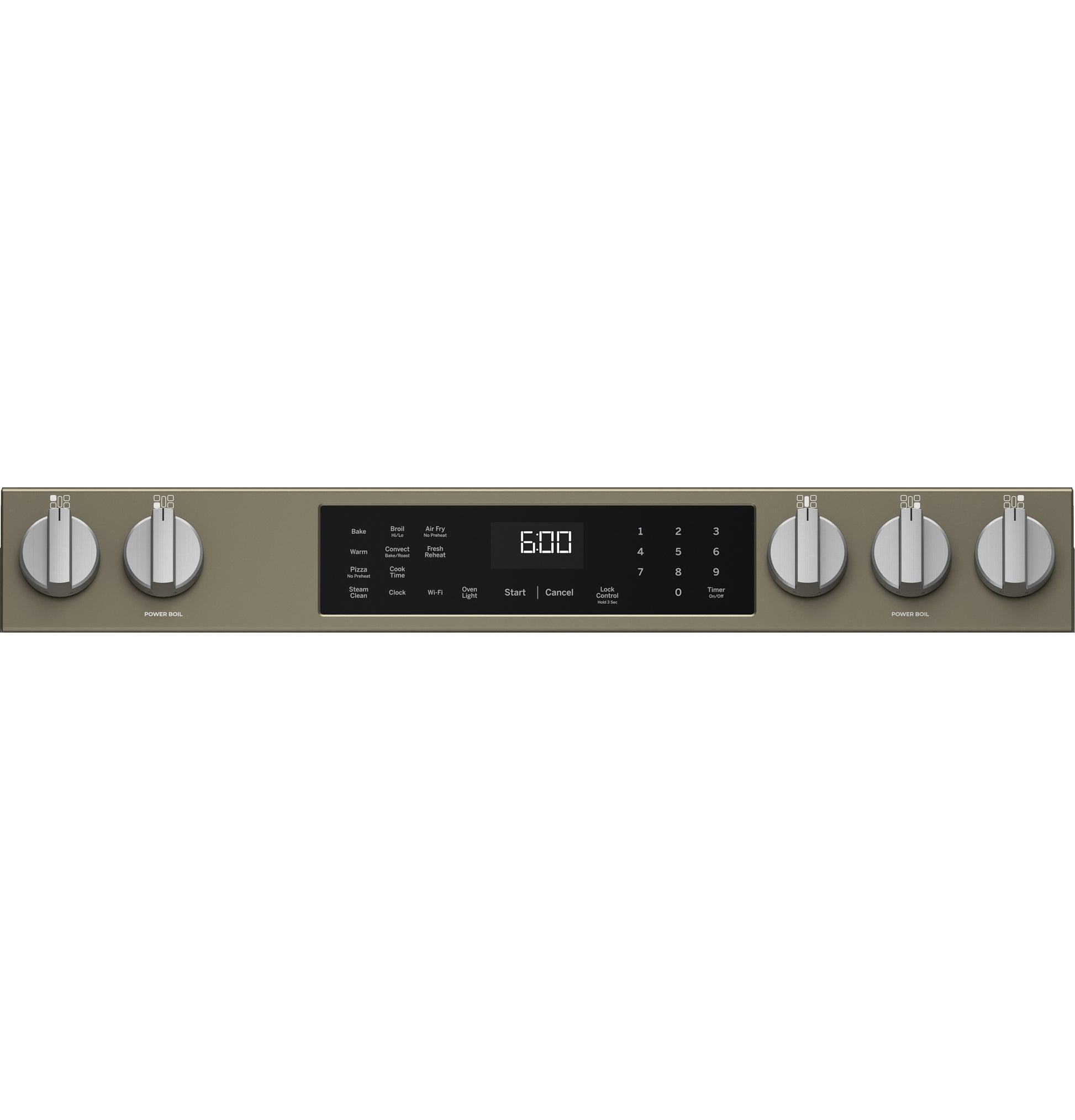 Control panel of GE slide-in gas range with digital display, touch buttons, and six silver control knobs in kitchen appliance setting