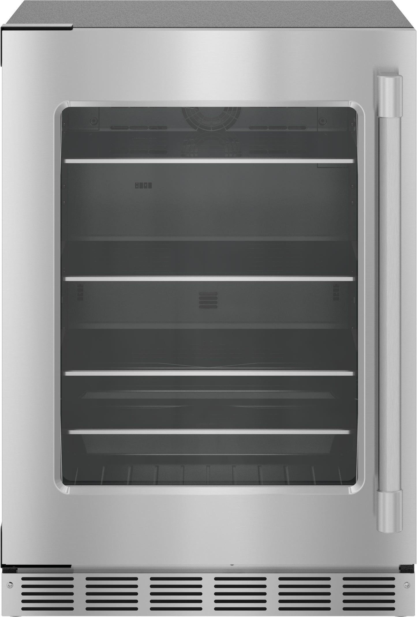 Under counter stainless steel refrigerator with glass door and multiple interior shelves in kitchen appliances collection