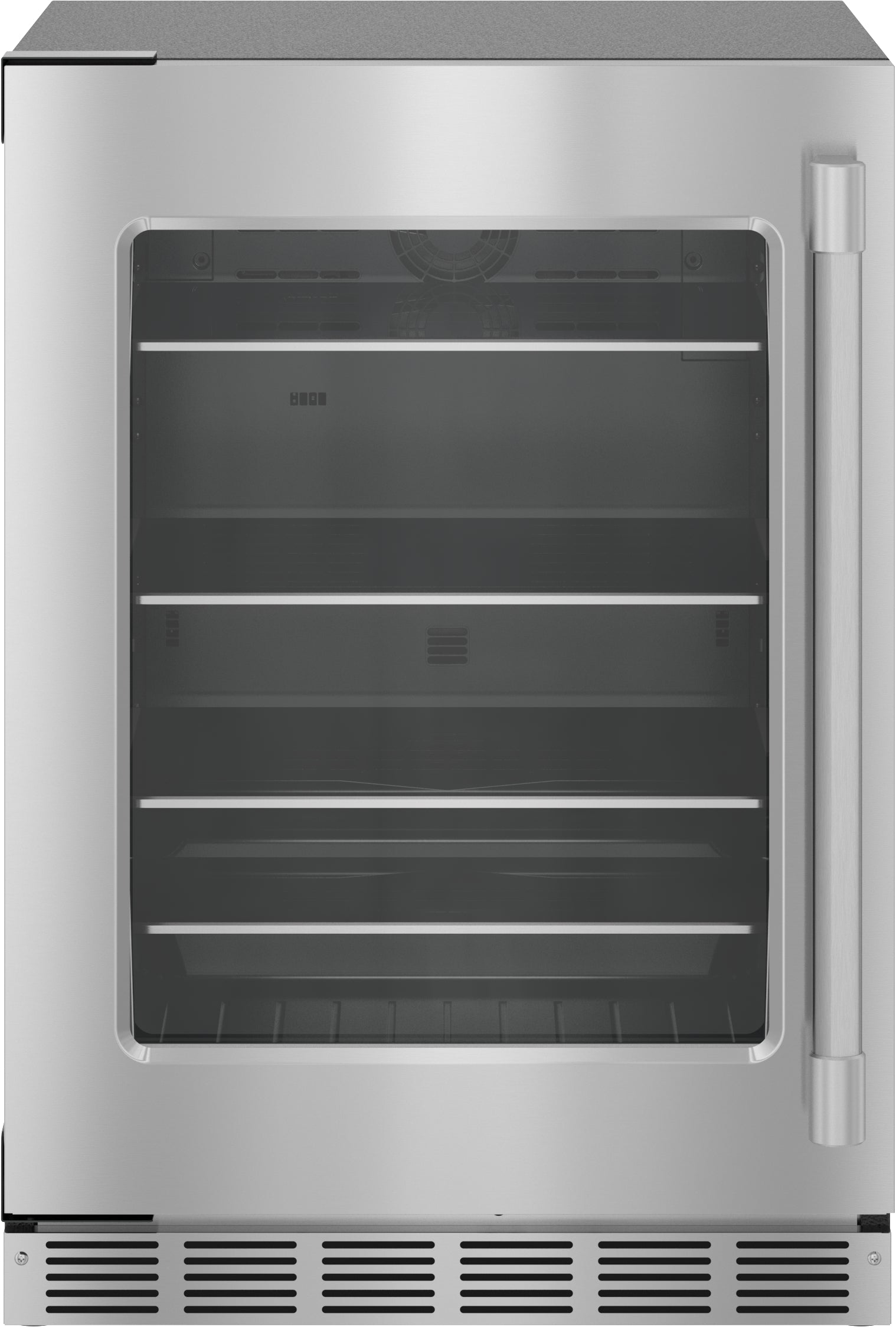 Under counter stainless steel refrigerator with glass door and multiple interior shelves in kitchen appliances collection