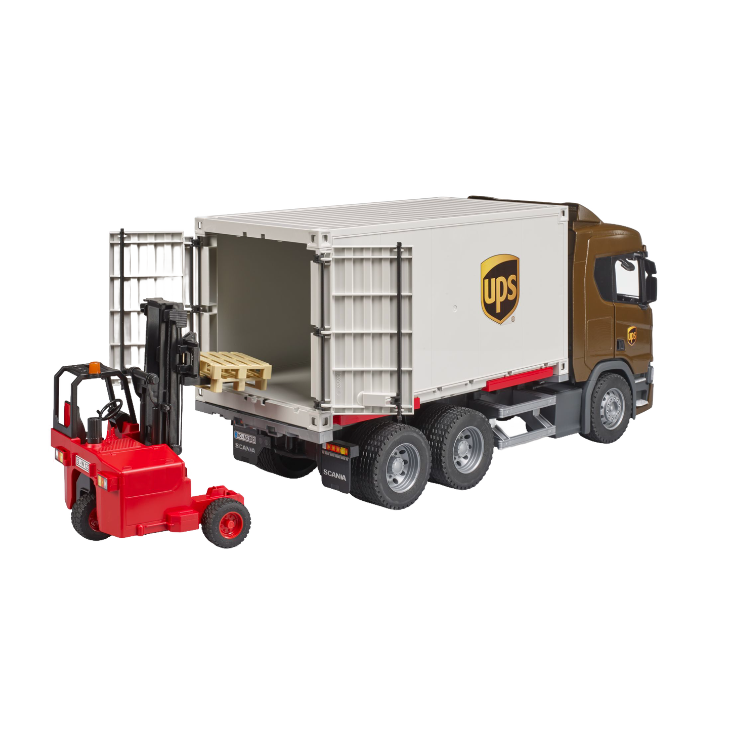 Detailed UPS logistics truck toy with brown cab and white trailer alongside red forklift in Bruder Toys collection