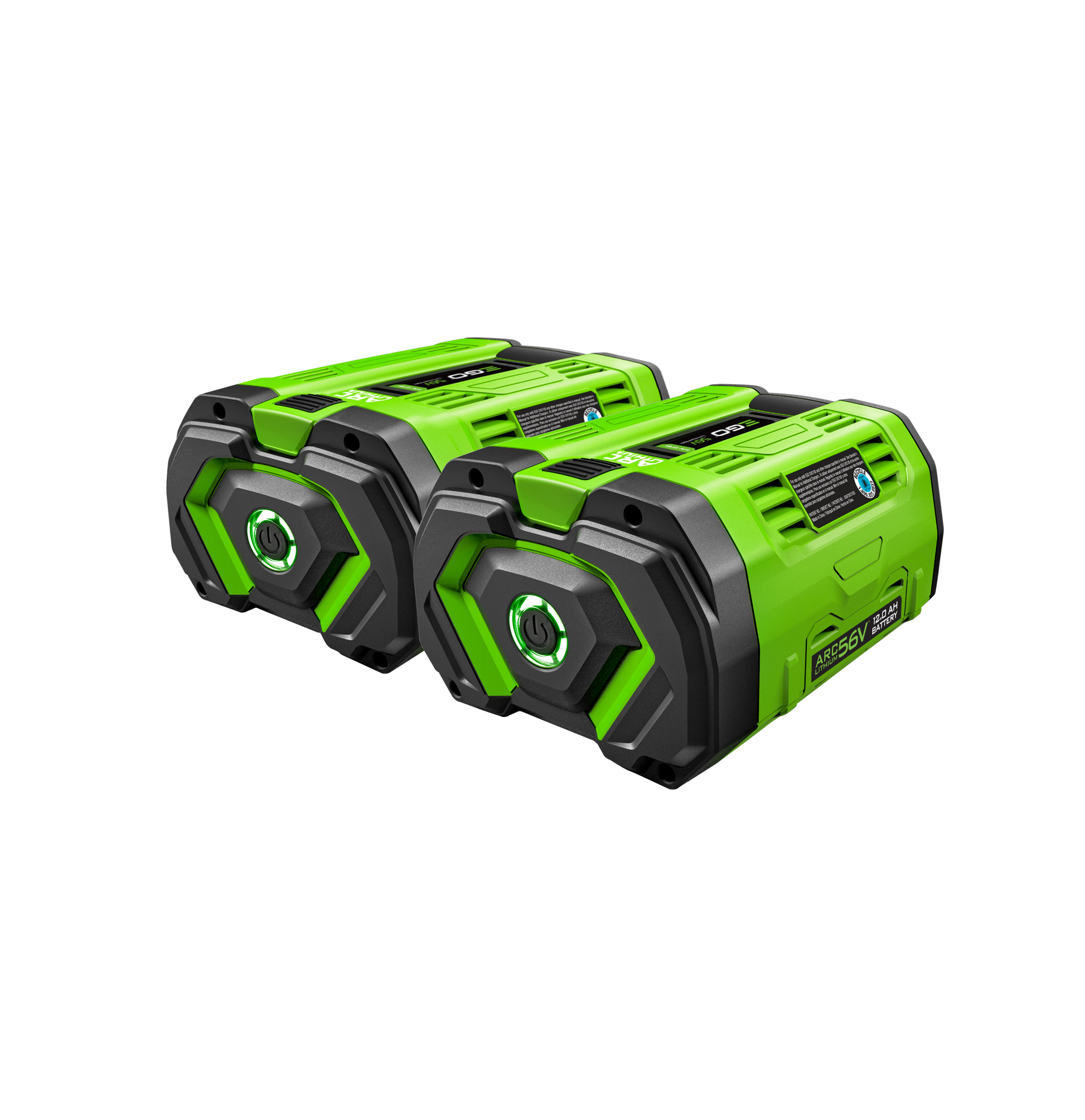Pair of green and black lithium-ion batteries with fuel gauge indicators for tools and home improvement use