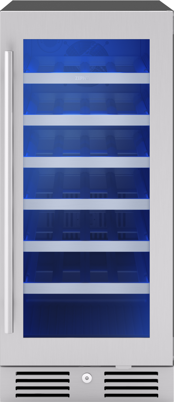 Built-in 15-inch reversible wine cooler with stainless steel frame and blue LED lighting in kitchen appliances collection