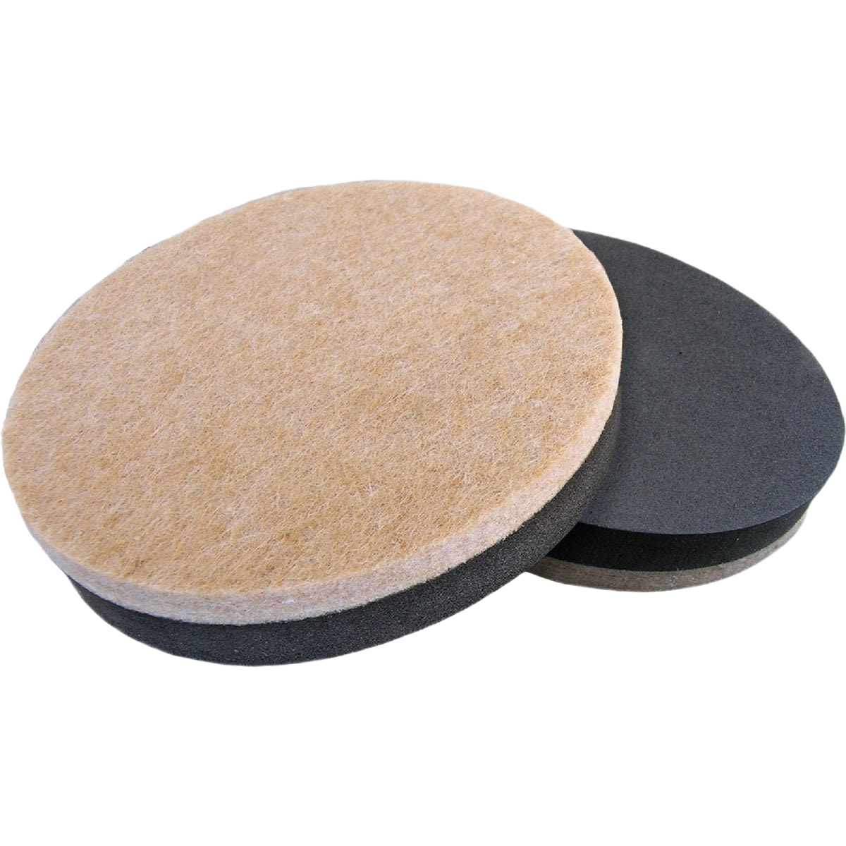 Round heavy-duty mover’s pads with felt and foam layers for protecting floors and furniture in home improvement use