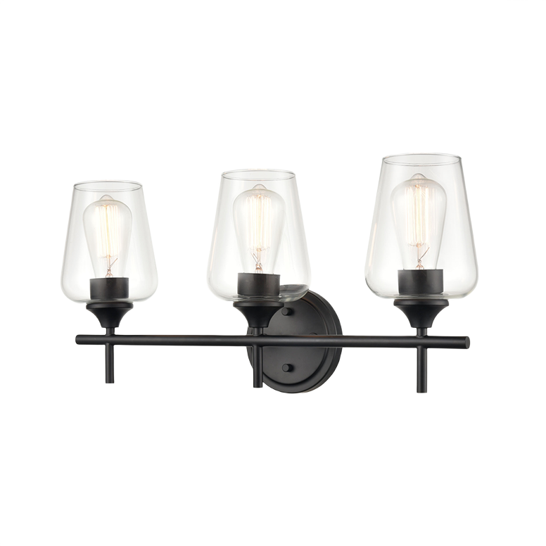 Matte black three-light wall fixture with clear goblet shades for bathroom vanity lighting and home improvement