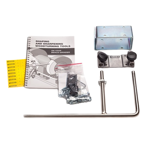 Metal mounting bracket and accessories kit for woodturning tool sharpening on bench grinders with instructional guidebook
