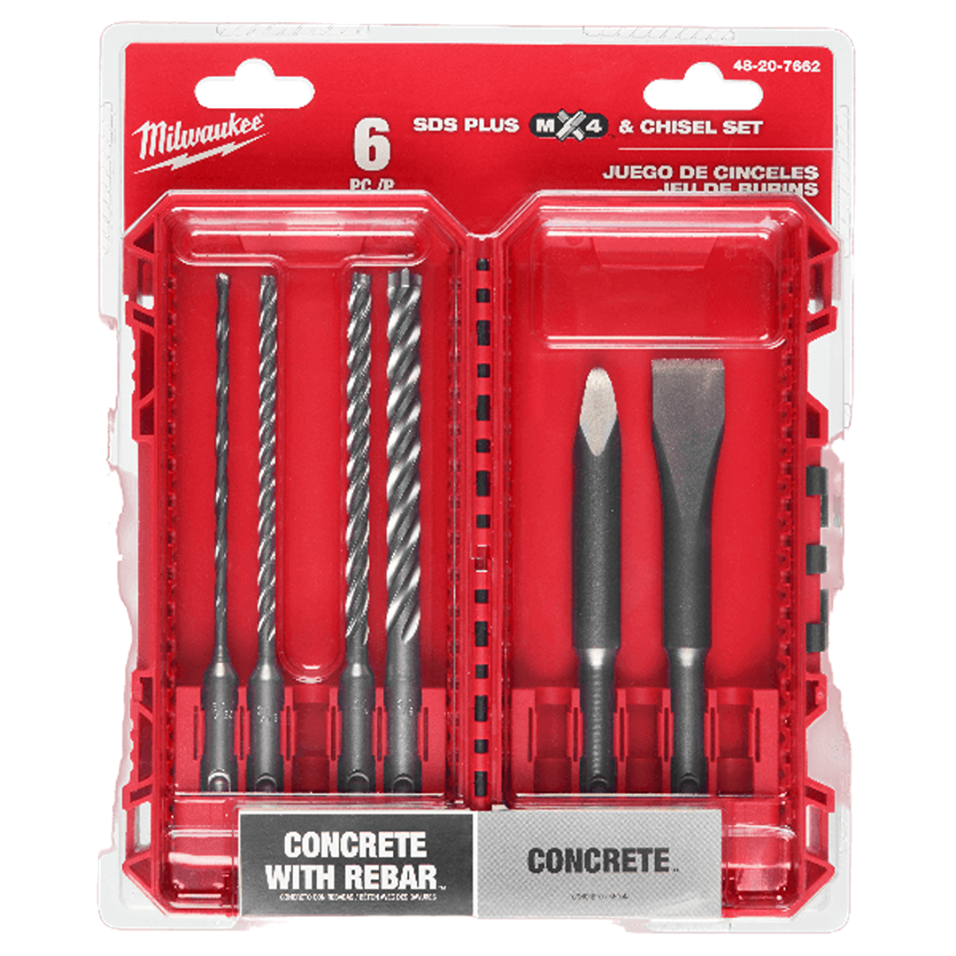 Six-piece SDS Plus drill and chisel set with MX4™ cutters designed for concrete and rebar applications