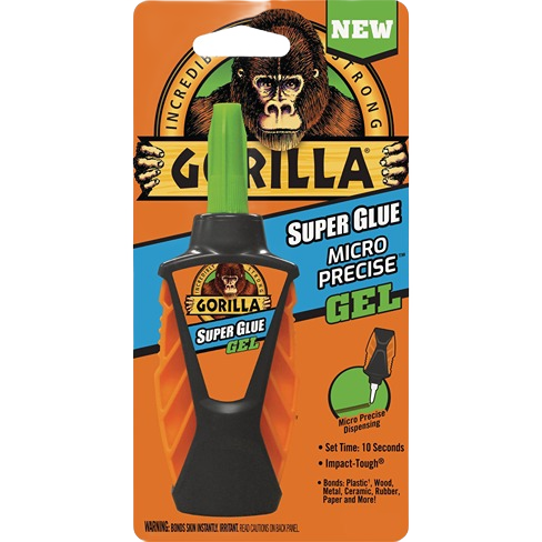 Packaging of Gorilla brand micro precise gel super glue with green cap and orange and blue label for home repair tasks