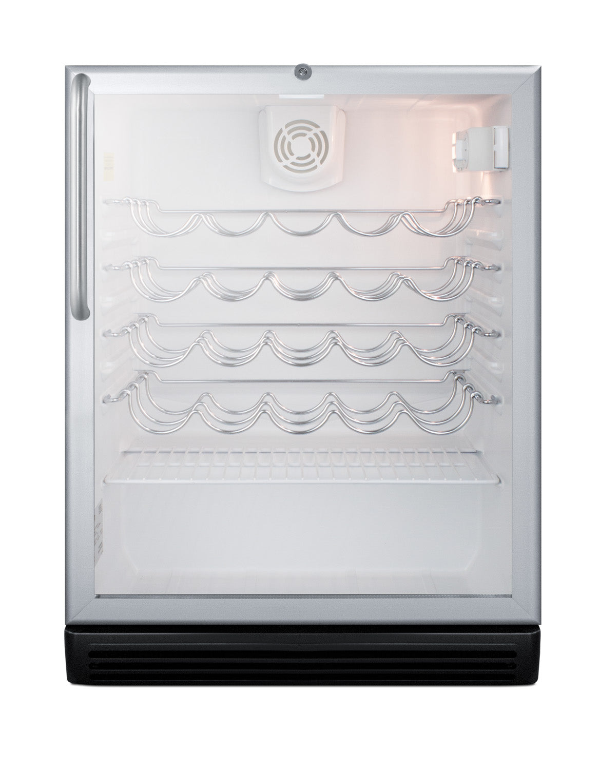 Compact built-in wine cellar with four chrome racks and clear glass door, suitable for Refrigerators, Kitchen & Kitchenware, Beverage Centers, and Appliances at Hartville Hardware.