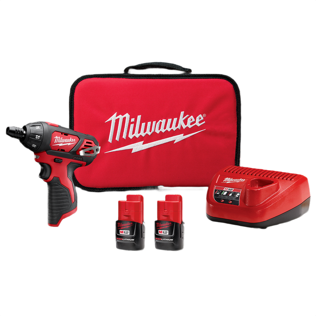 Compact red and black cordless screwdriver kit with two batteries, charger, and branded soft carrying case for home improvement.