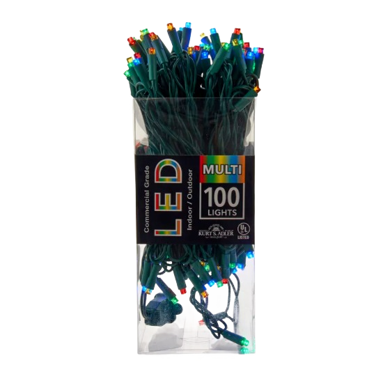 Compact bundle of multicolored LED string lights with 100 bulbs for indoor and outdoor use in home improvement projects