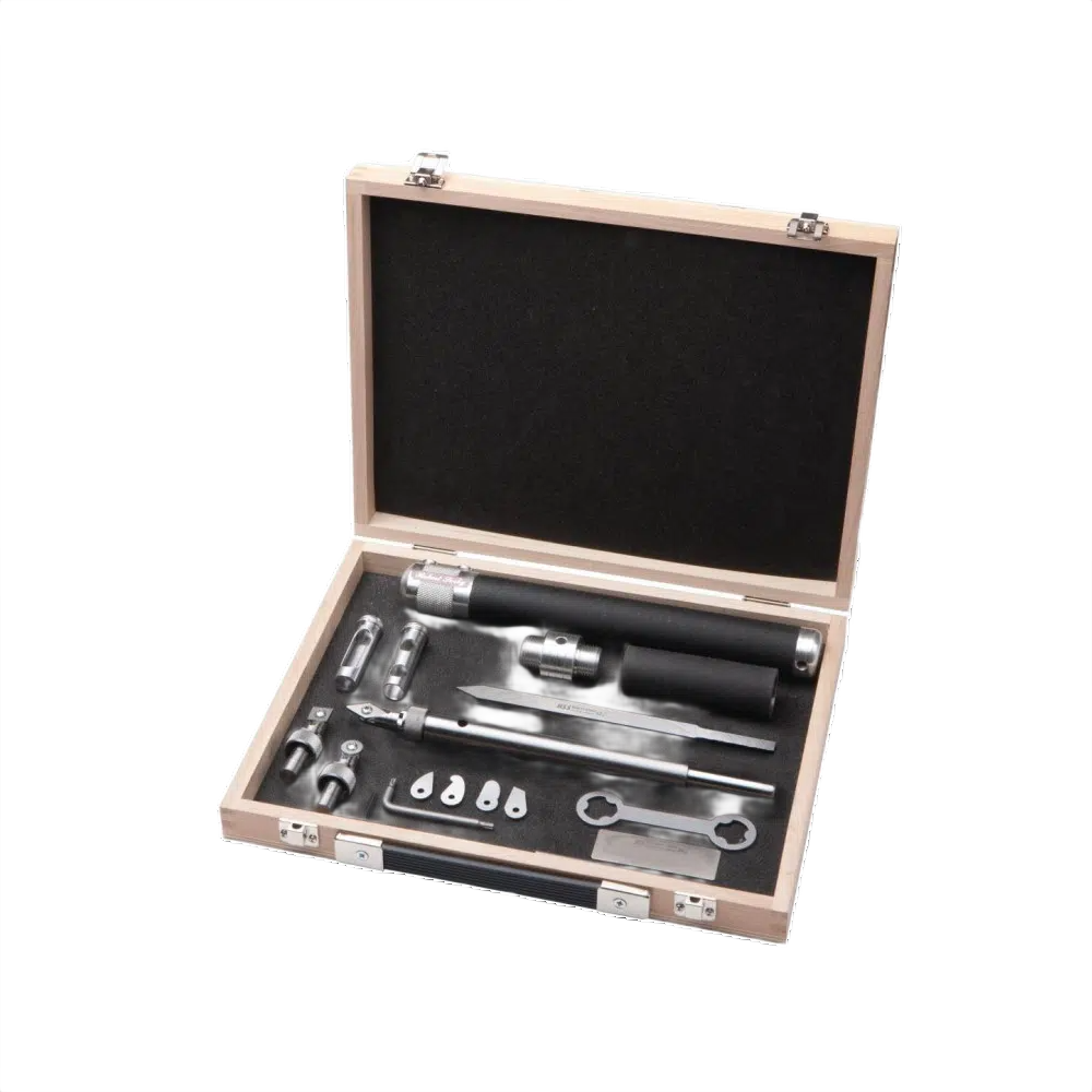 Wooden case with Sorby Sovereign TurnMaster Set including handle, blades, and tool attachments for woodturning tasks