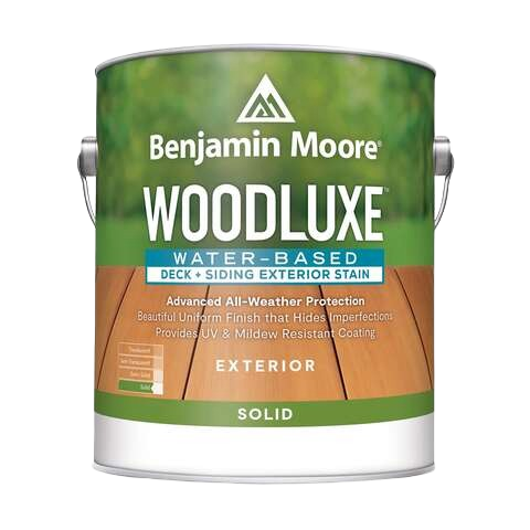 Benjamin Moore Woodluxe water-based exterior solid stain for decks and siding with advanced weather protection