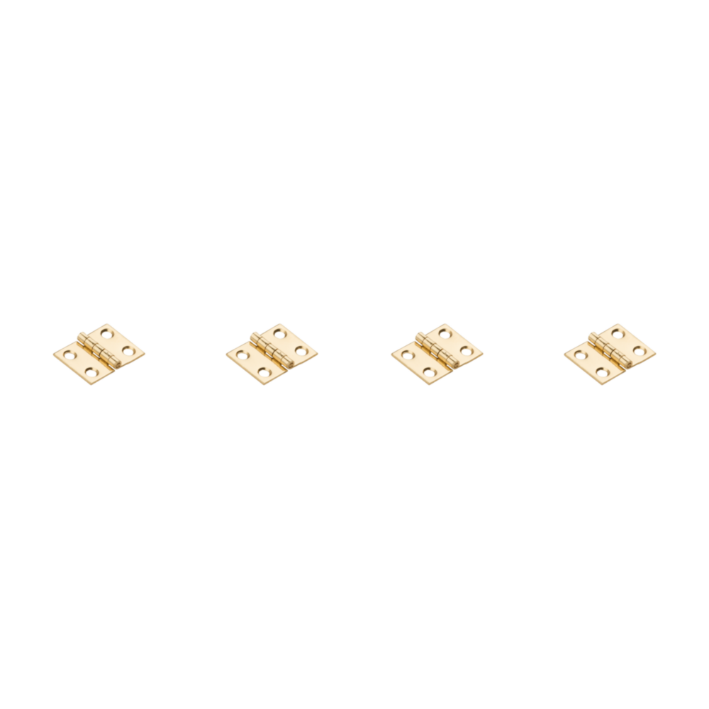 Set of four small brass decorative hinges with six screw holes for crafts, jewelry boxes, and home improvement projects