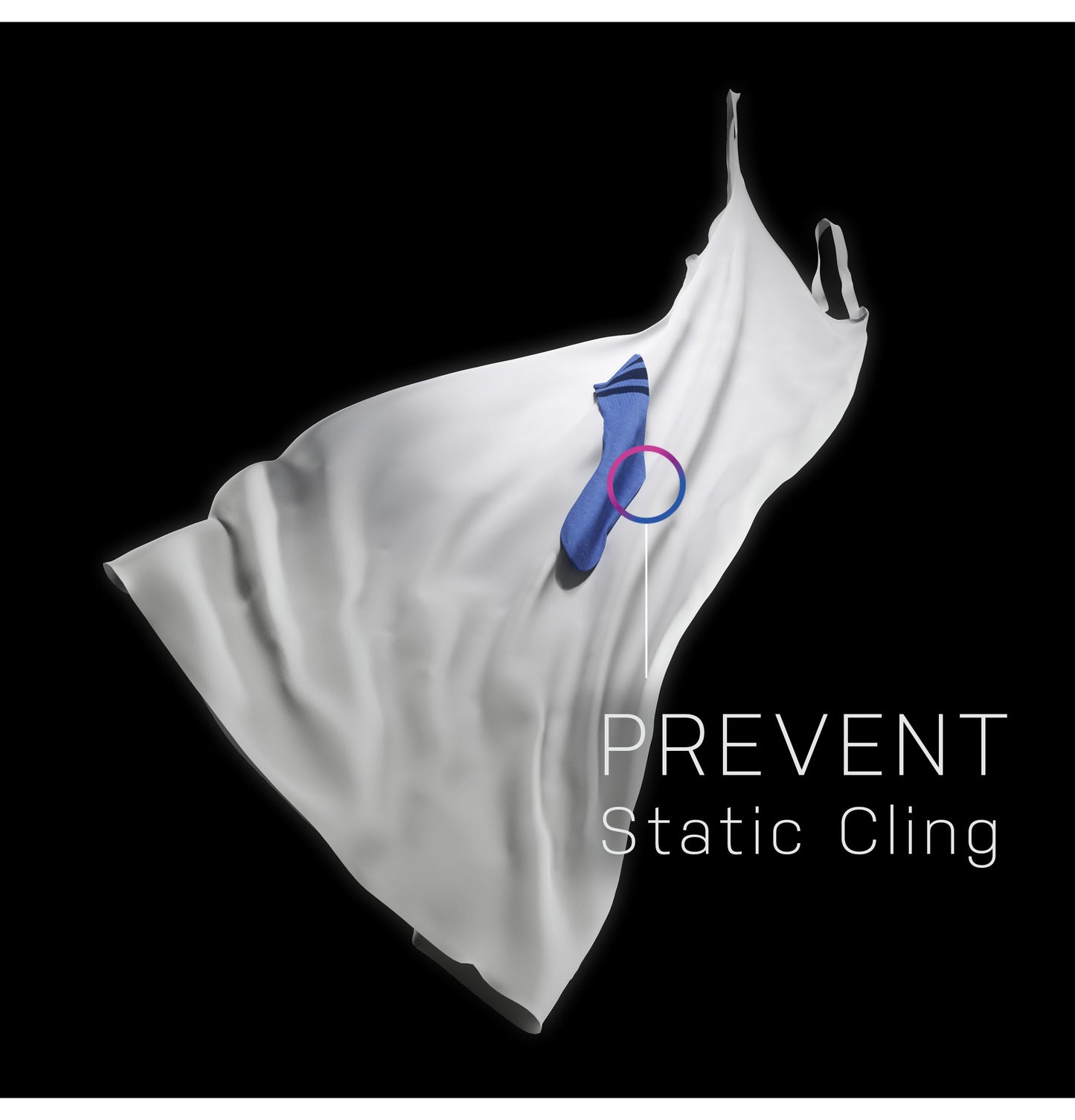 White fabric and blue sock floating on black background illustrating static cling prevention in laundry appliances collection