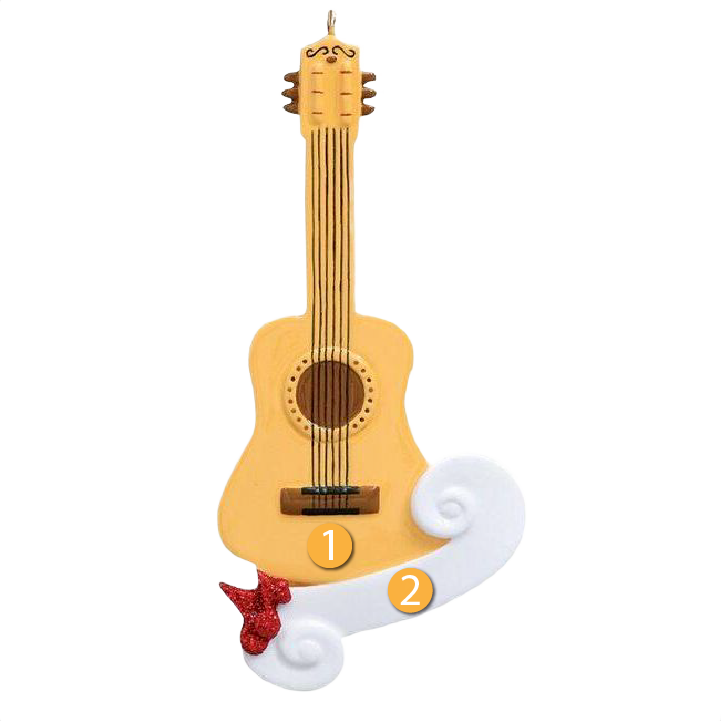 Classic wooden guitar ornament with red glitter music notes and white decorative swirl, Christmas tree decoration under $50 collection