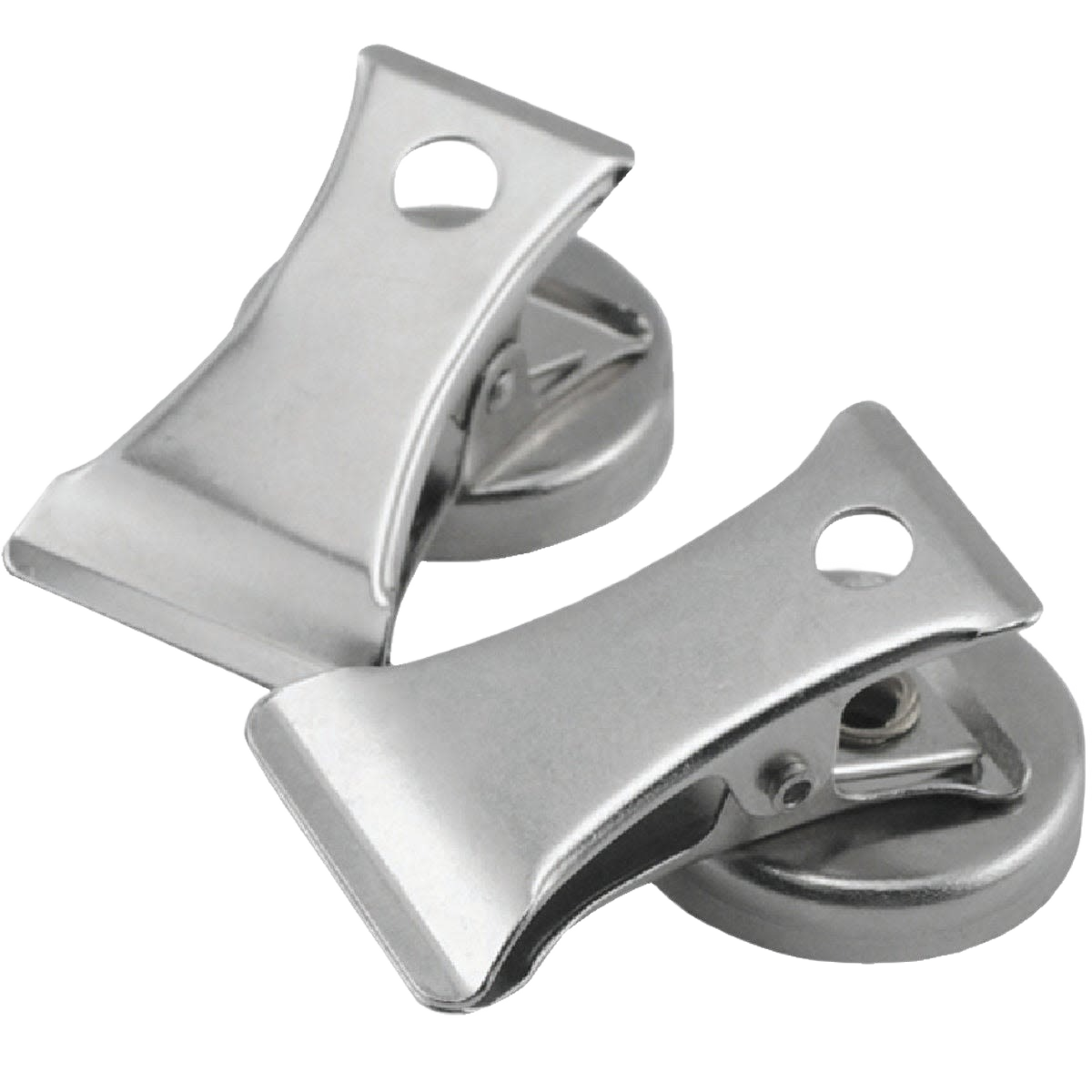 Pair of silver magnetic clips designed for holding papers, ideal for office supplies and desk organization collections