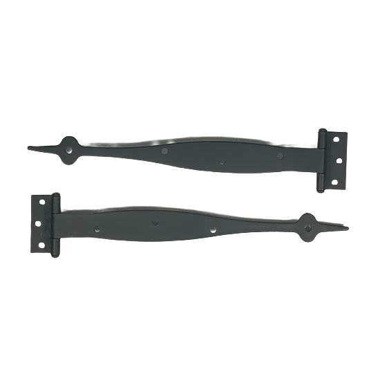Pair of smooth black metal spear-style cabinet strap hinges with 3/8 inch offset for home improvement projects