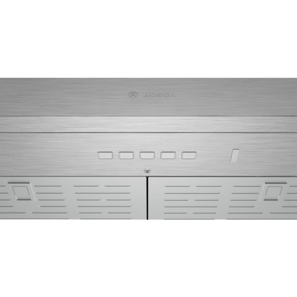 Stainless steel undercabinet range hood with control buttons and ventilation grills for kitchen appliance collections