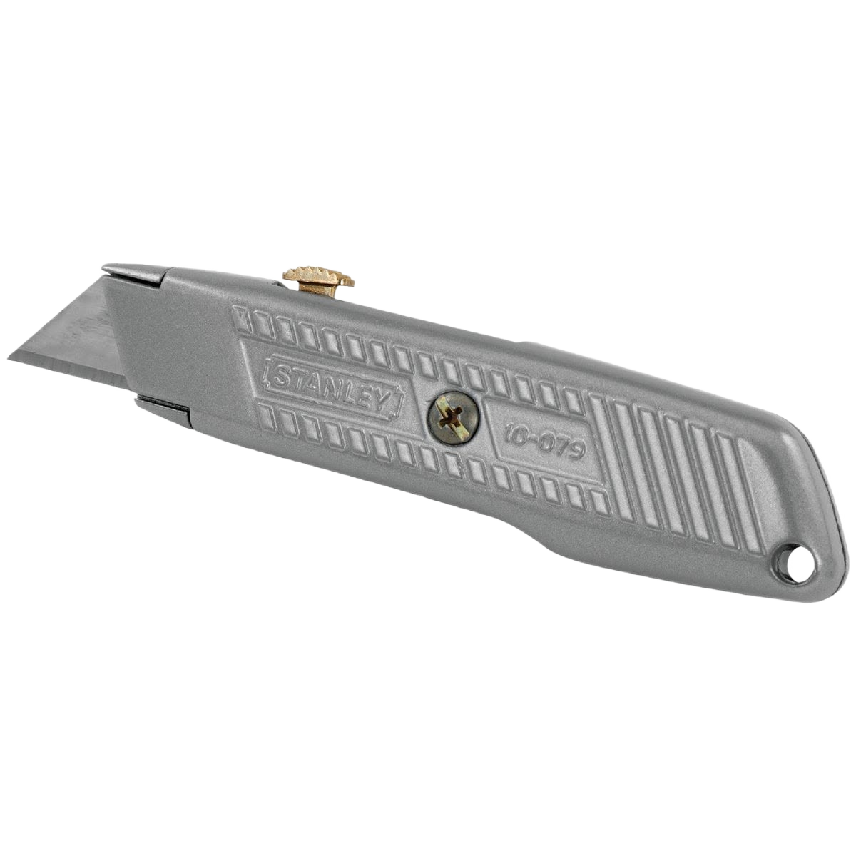 Gray metal retractable utility knife with textured grip and brass adjustment knob for precision cutting in home improvement tasks