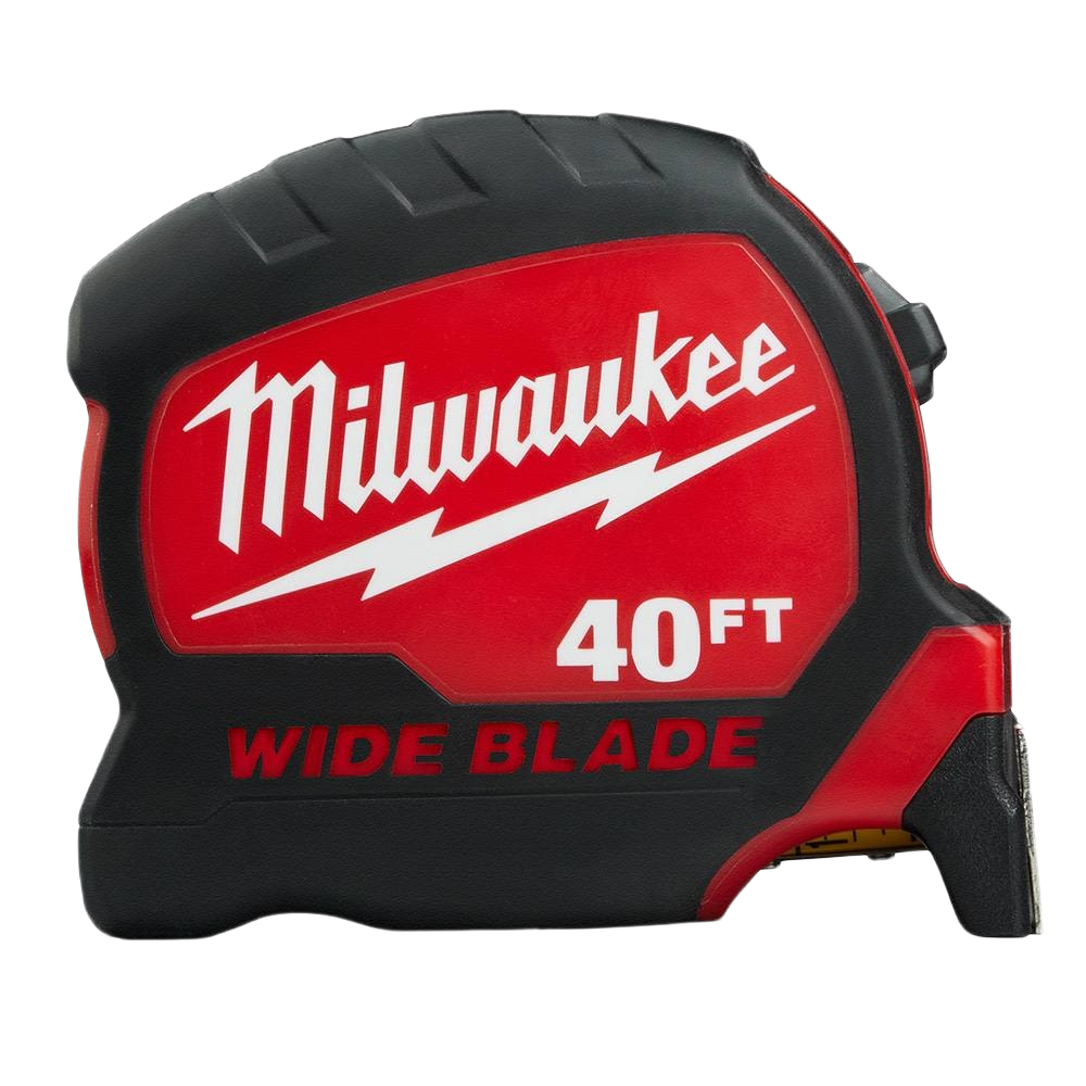 Red and black Milwaukee tape measure with 40-foot wide blade for extended measuring in woodworking and home improvement tasks