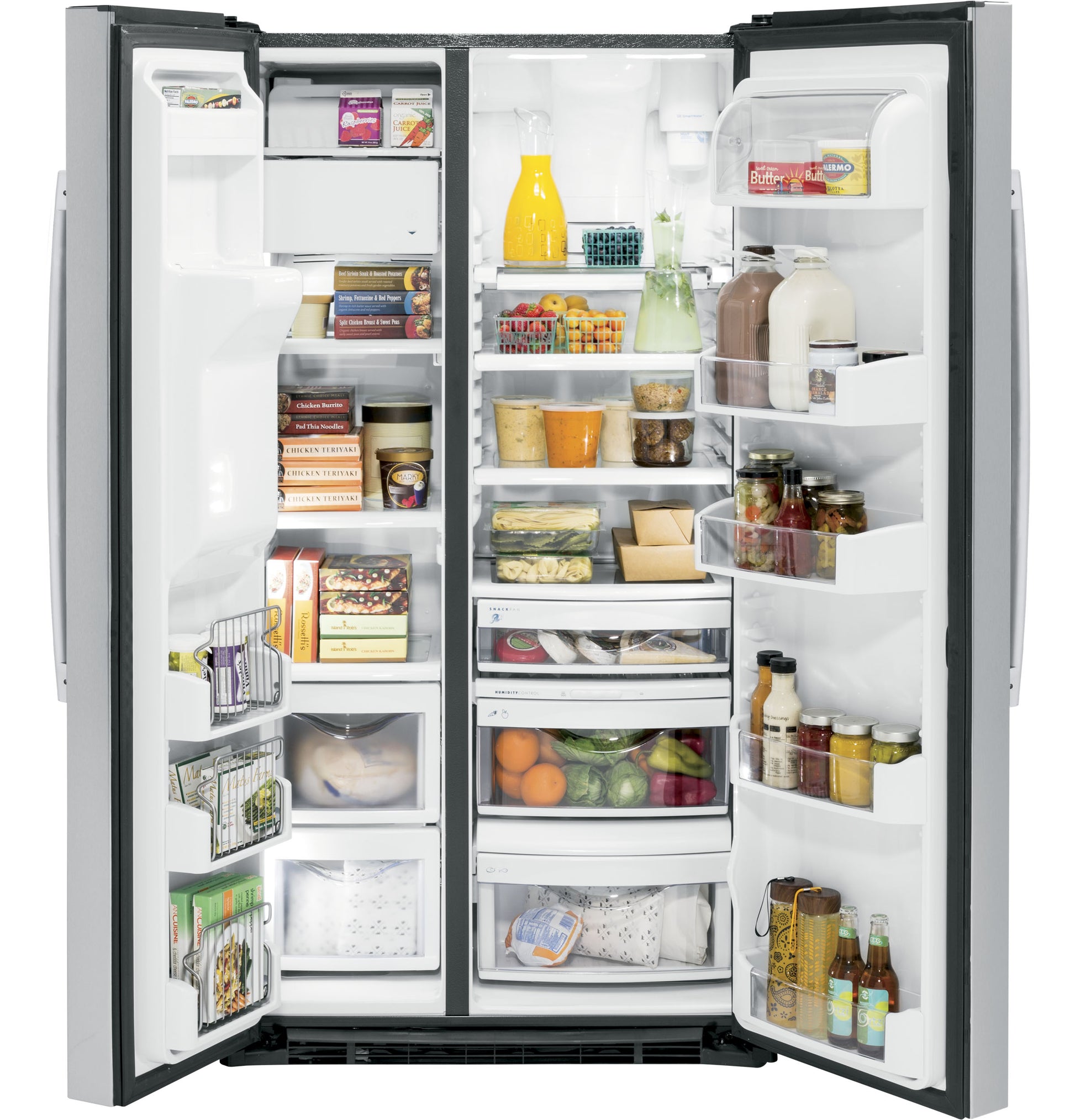 Open stainless steel side-by-side refrigerator with organized food storage in kitchen appliances and side-by-side collection