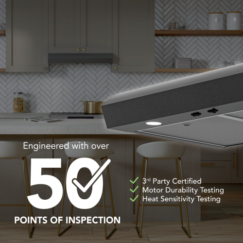 Close-up of stainless steel under-cabinet range hood with factory-tested durability in kitchen appliances collection