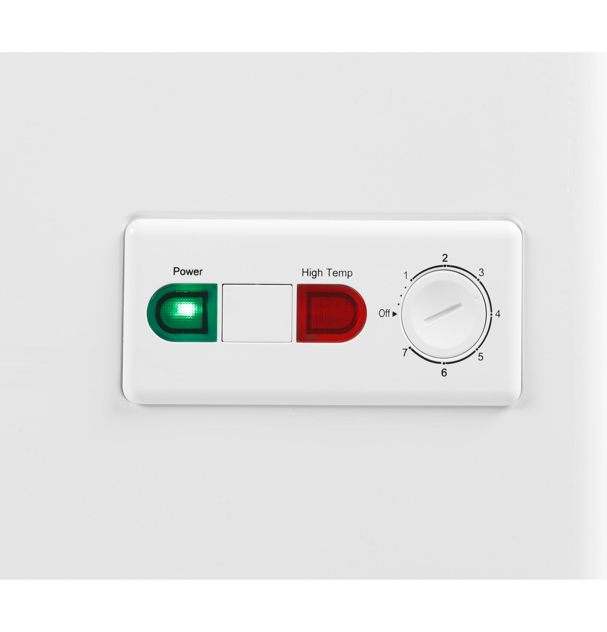 Close-up of control panel on white chest freezer showing power and high temperature indicator lights with adjustment dial